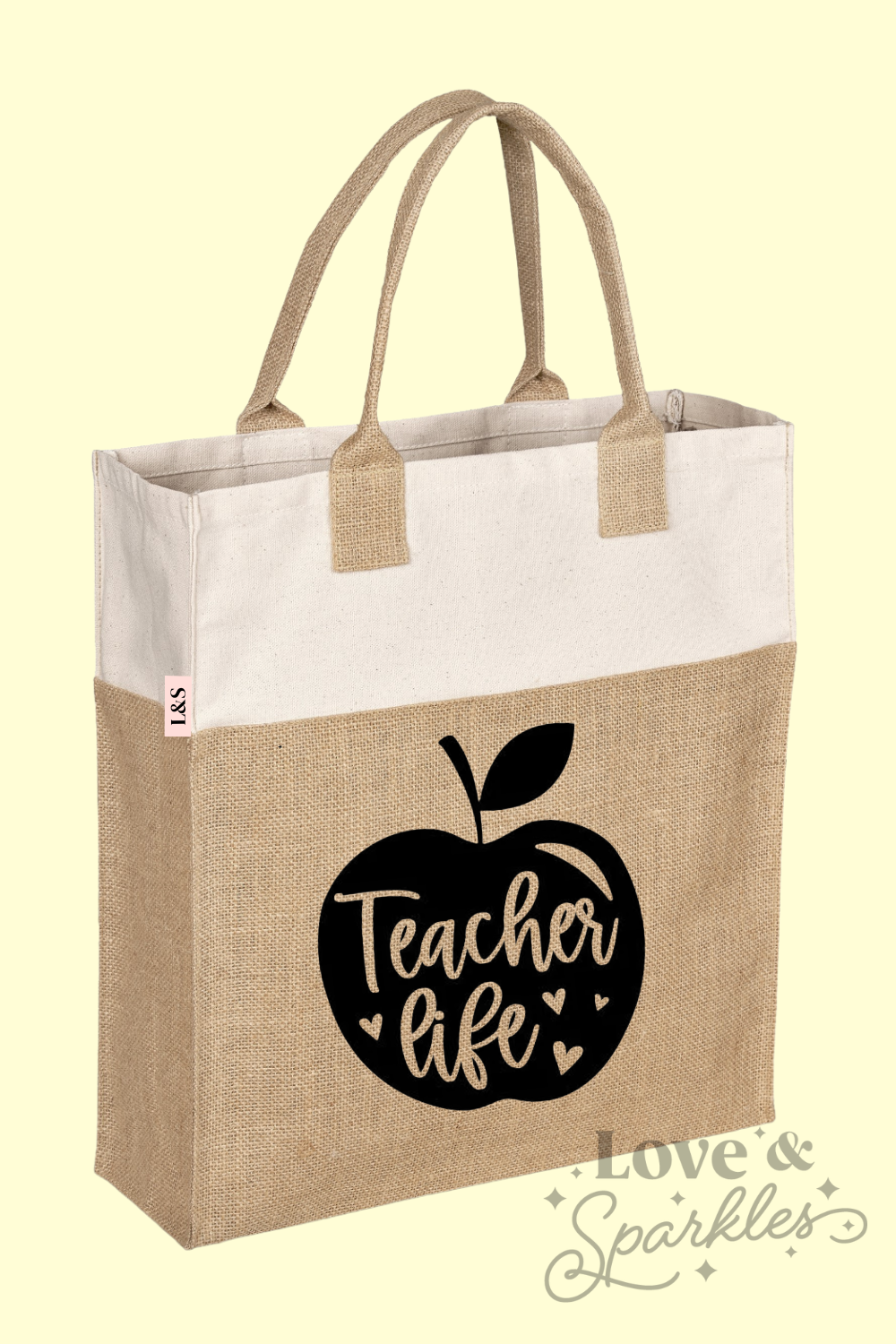 Teacher Life Apple print Eco Jute Shopper Tote Bag Love and Sparkles Gifting