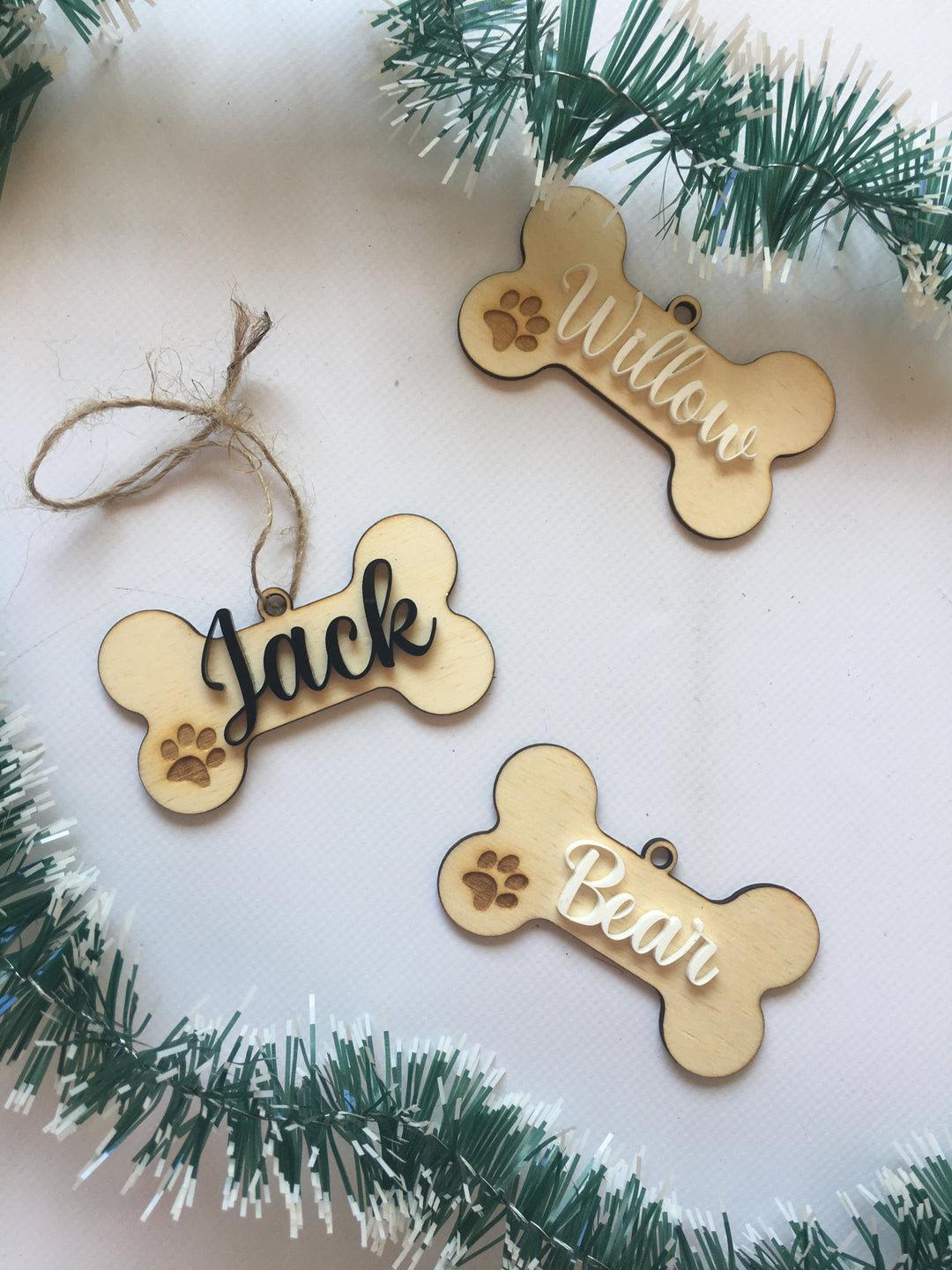 Christmas Dog Bone Ornament in Wood with Name and paw print design Love and Sparkles Gifting