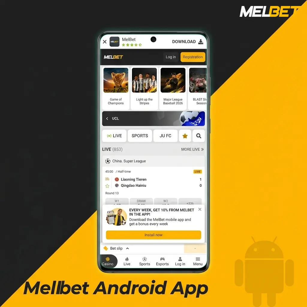 Melbet Android app interface showing sports betting options, live casino games, and mobile-friendly navigation on a smartphone screen