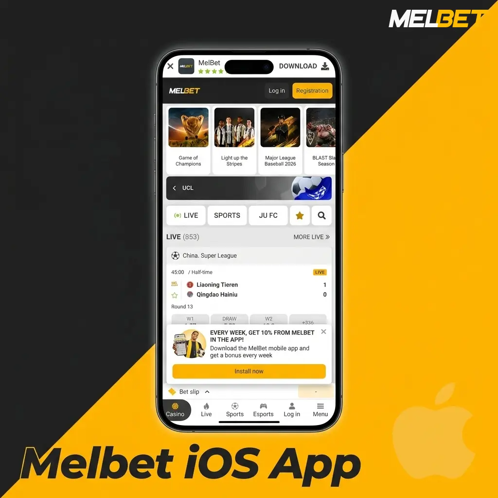 Melbet iOS app interface displayed on an iPhone, showing sports betting and casino features available for download