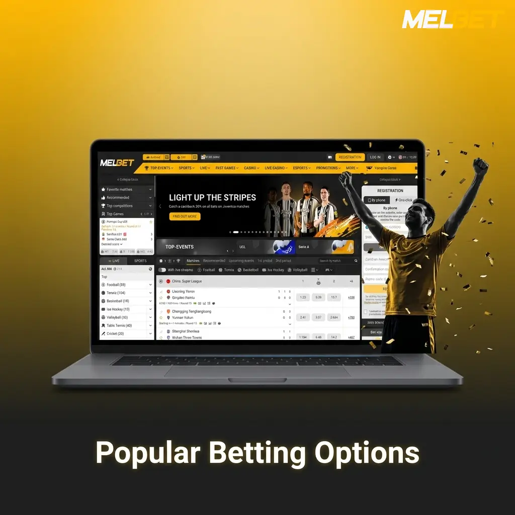 Popular betting options including sports, casino, and live betting choices displayed on a digital platform
